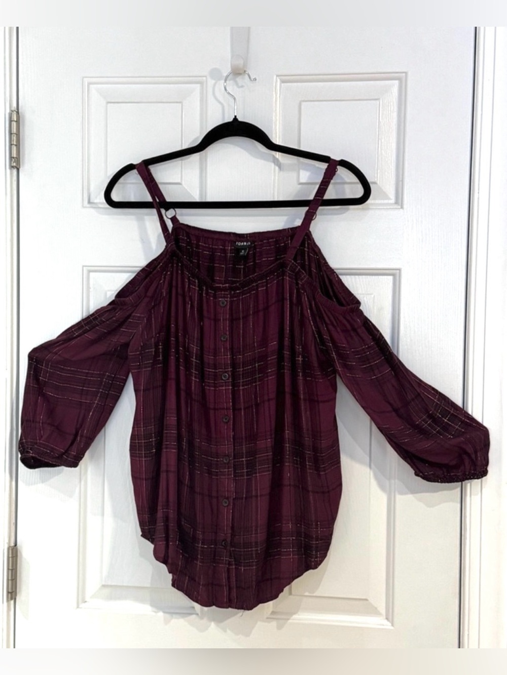 Torrid Plum Plaid Cold-Shoulder Button Top